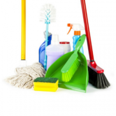 including cleaning tools: buckets, mops, canvas, gloves